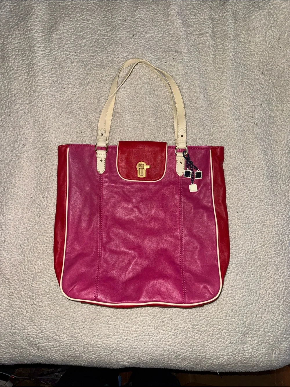 Women's Vintage Juicy Couture Pink Leather Tote with Cream Handles and Accents - Picture 1 of 11